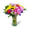 assorted joyful seasonal flowers, yellow daisy, orange Gerbera, pink carnations, sunflowers