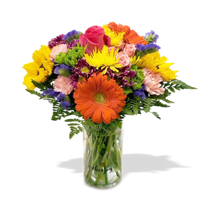 assorted joyful seasonal flowers, yellow daisy, orange Gerbera, pink carnations, sunflowers