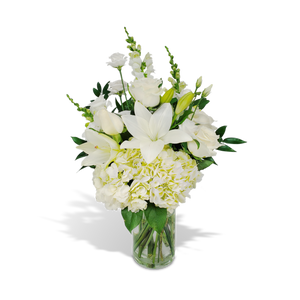 white flowers, lily, rose, hydrangea