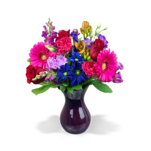 hot pink roses, red roses, pink carnation, blue daisy, Gerbera daisy