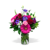 hot pink roses, red roses, pink carnation, blue daisy, Gerbera daisy, lisianthus