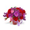 hot pink roses, red roses, pink carnation, blue daisy, Gerbera daisy, lisianthus