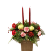candles, red and white flowers winter greens