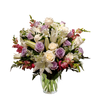 white roses, lavender roses, lily, snapdragon