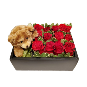1 dozen red roses with teddy bear