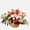 color garden theme flower basket rose, daisy, carnation, lisianthus
