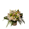 white and green flowers with gold glitters and pine cone